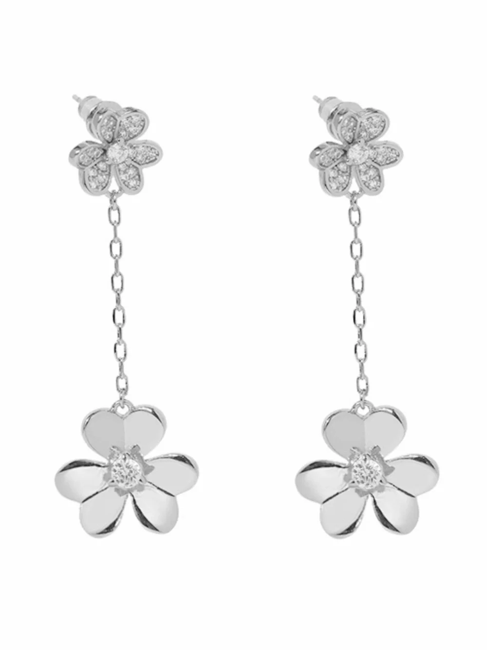 18k White Gold Plated 2 Flowers Simulated Diamond Dangling Earrings
